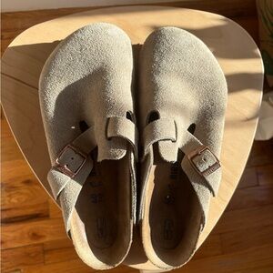 Birkenstock Taupe Suede Clogs